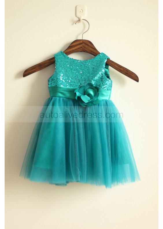Turquoise Sequin Tulle Short Flower Girl Dress